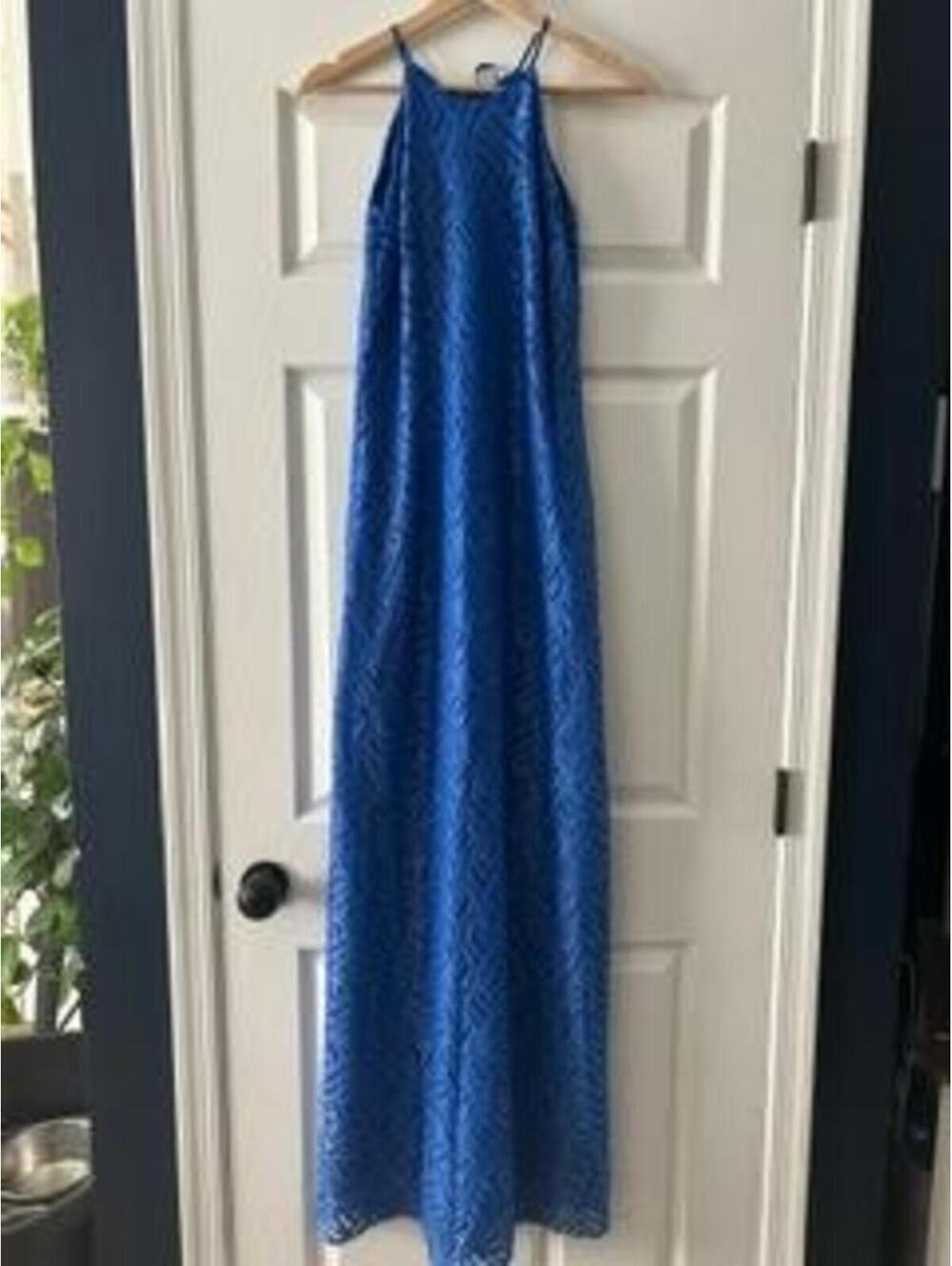 Lilly Pulitzer Blue Lace Maxi Dress Womens Small Halter Neck Geometric Metallic
